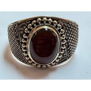 Size 6.5 BA 925 Sterling Silver Cuff Bracelet w/ Red Gemstone 44.5mm Width